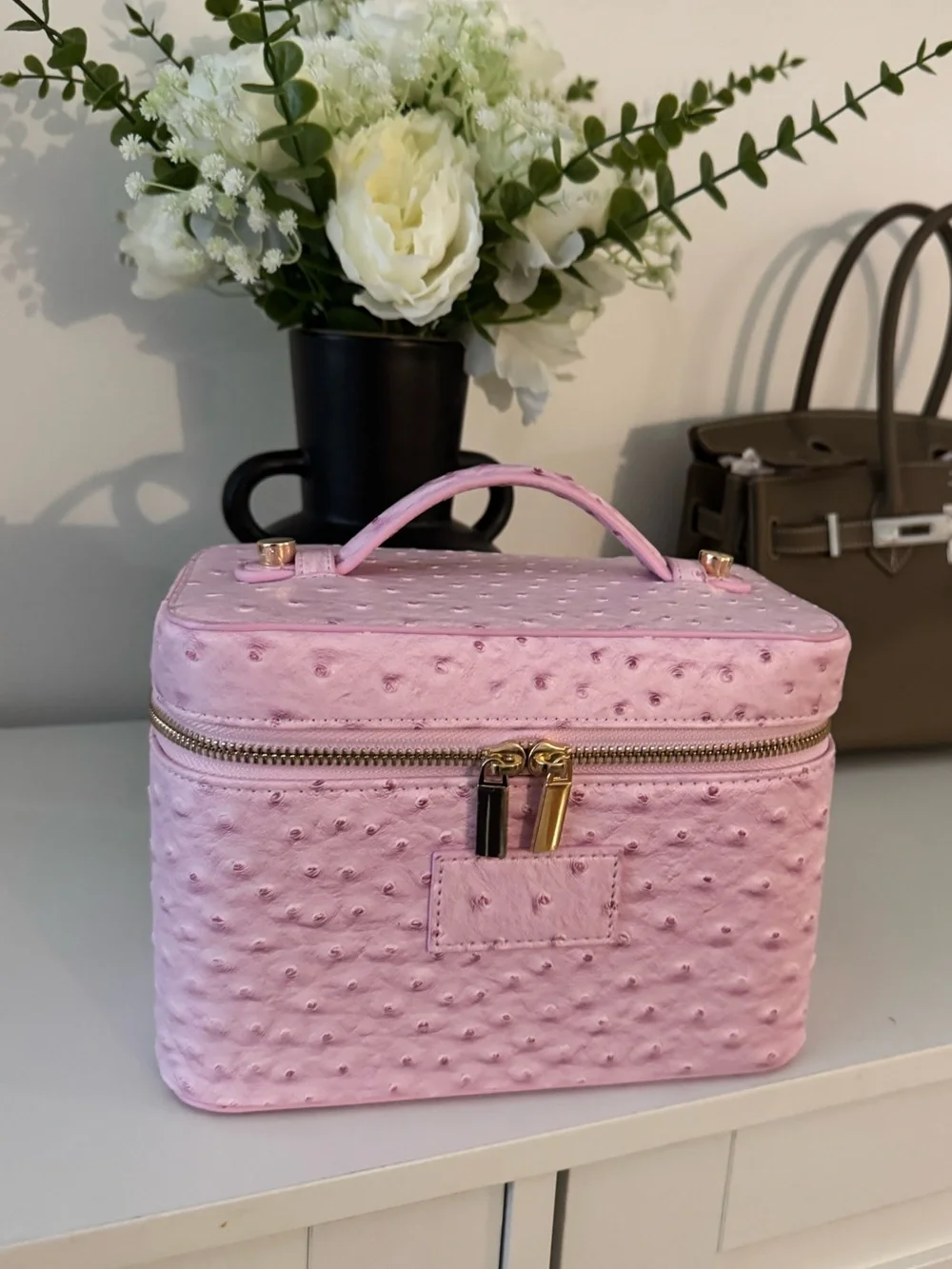 New w/Tags Ostrich Pink Structured Travel Makeup Case with Top Handle
